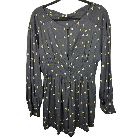 Free People Love Grows Black Geometric Print Long Slv Keyhole Romper Playsuit S - Picture 3 of 16